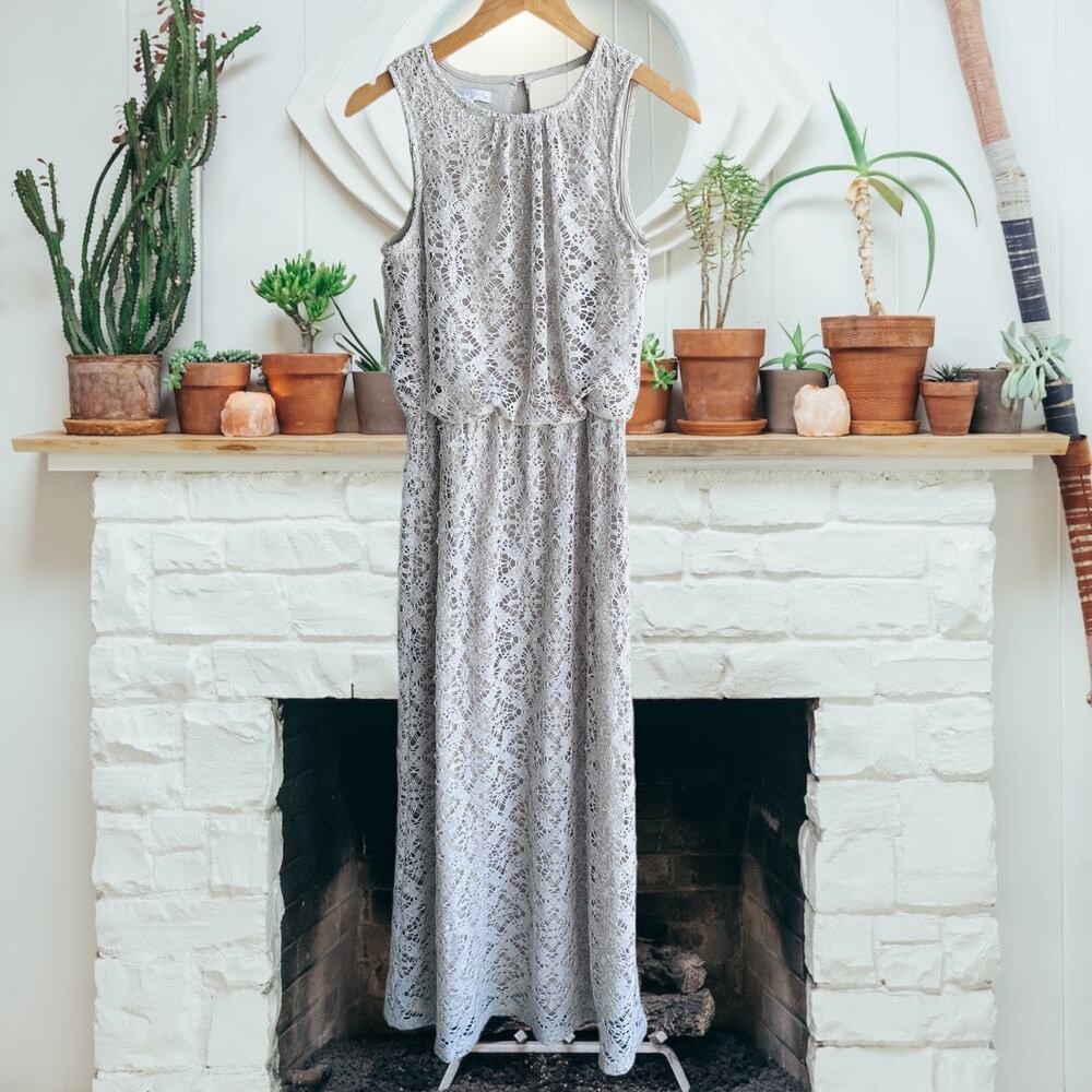 London Times Sleeveless Khaki Lace Maxi Dress Size 6